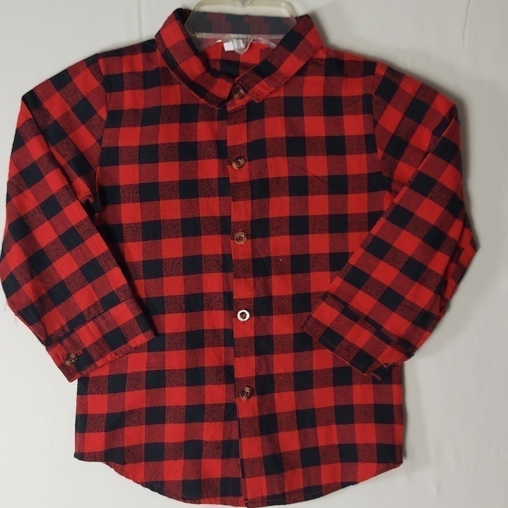 Black & Red boy's button-down long sleeve shirt. This shirt has no size tag